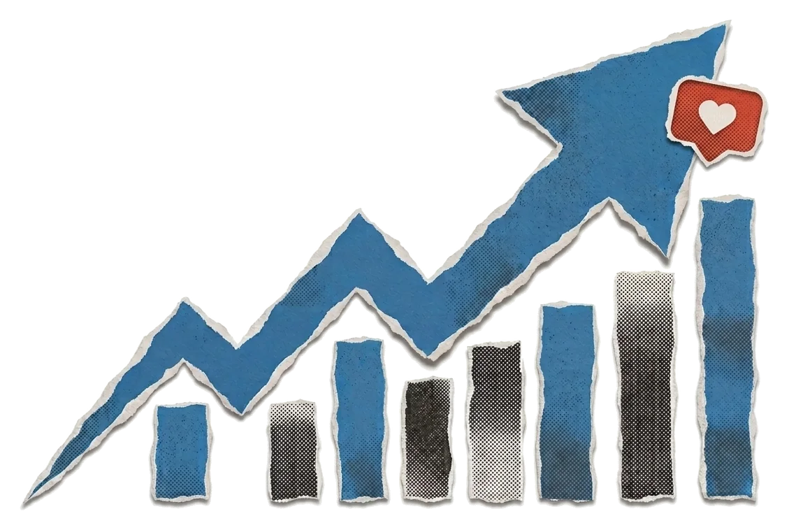 A torn-paper bar chart climbing under a rising blue arrow, a heart notification at its peak.