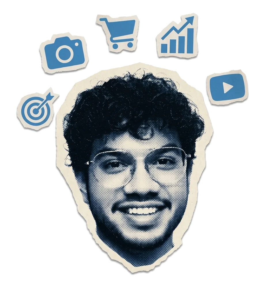 Paper cut-out of Jayesh's face, with camera, cart, chart, target and play icons around it.