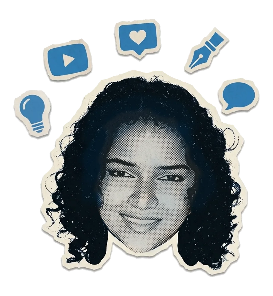 Paper cut-out of Shalaka's face, with play, like, pen, lightbulb and chat icons around it.