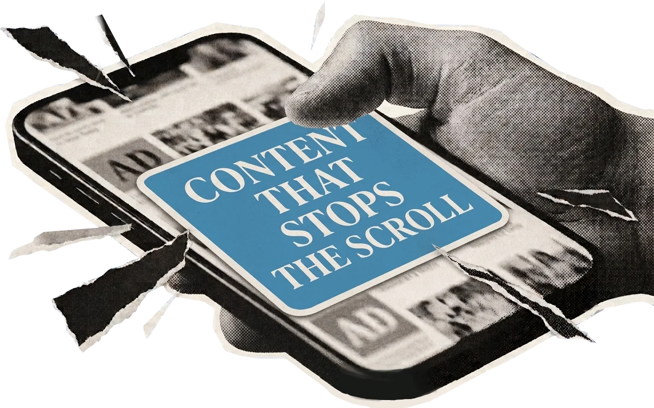 A hand holds a phone full of ads; a blue card breaks out of the feed reading “Content that stops the scroll”.