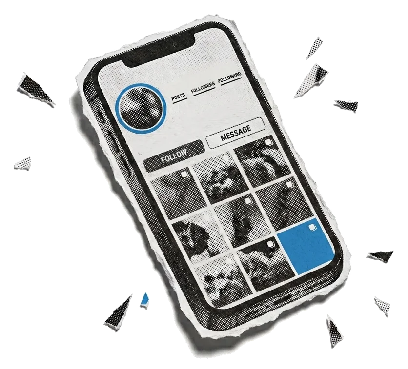 A phone showing a social profile grid, torn paper scraps flying off it.