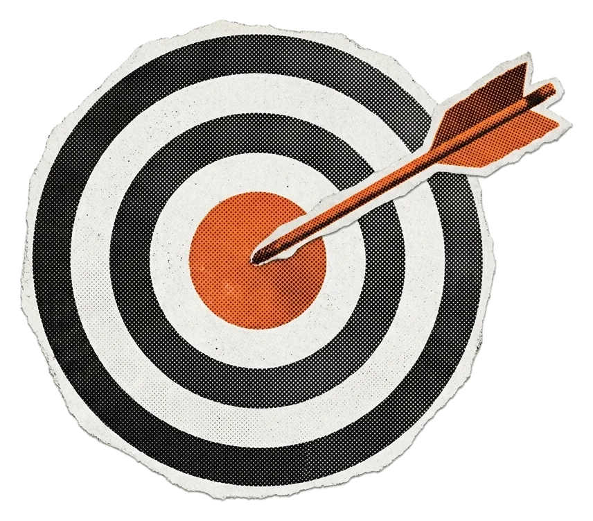 An orange arrow buried in the bullseye of a black and white target.